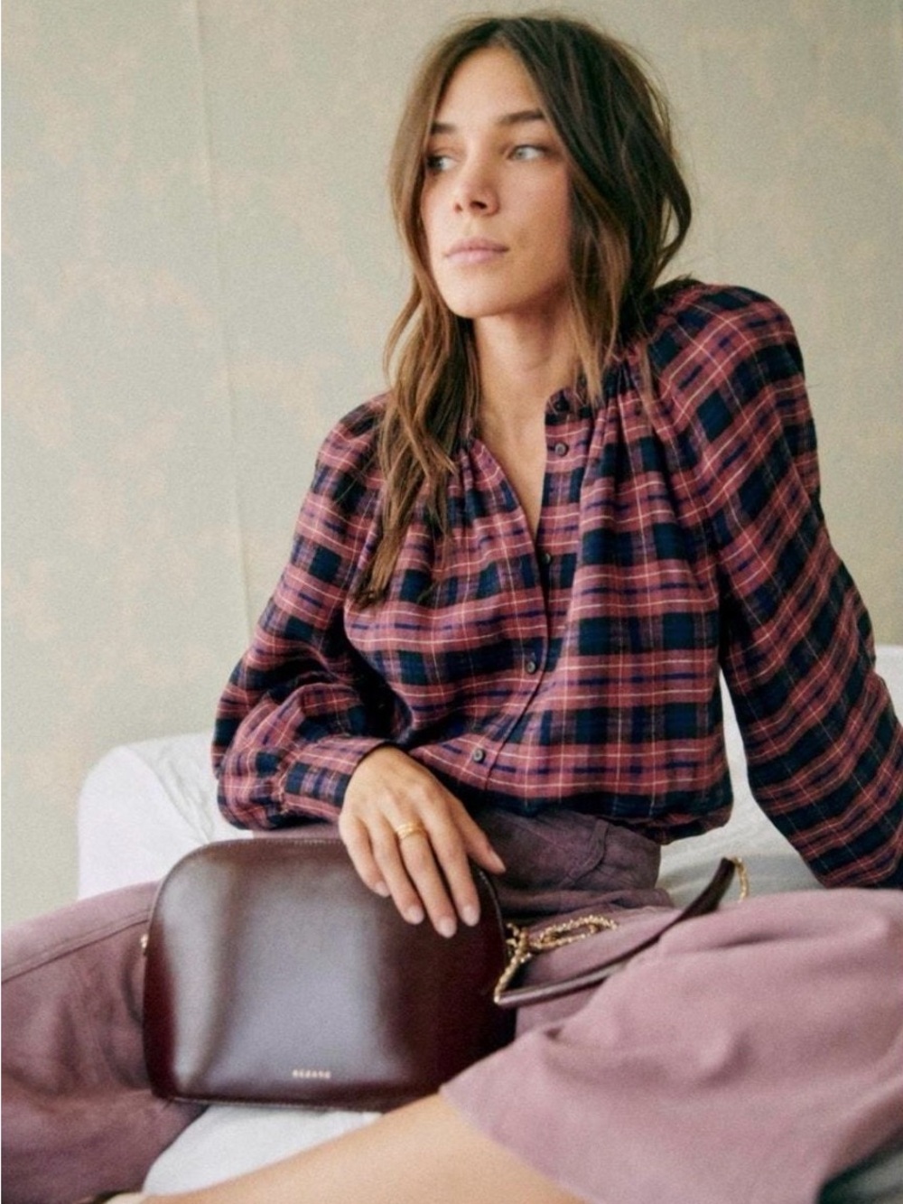 NWT Sezane Lealys 100% Linen Shirt Check Print Rose and Mauve FR Size 34 US 2
